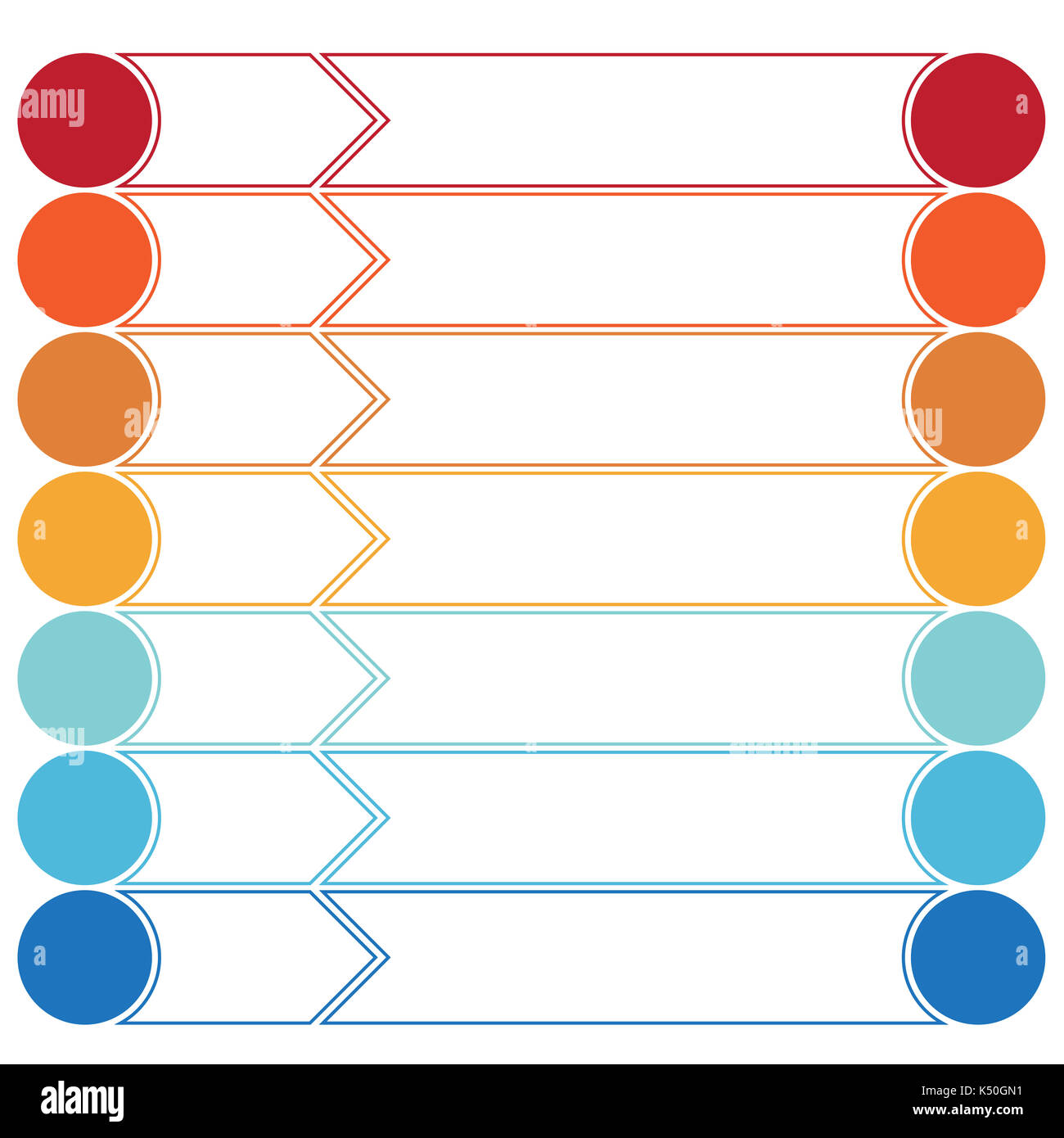 Vorlage Infografiken Farbe Pfeilen und Kreisen für 7 Positionen Stockfoto