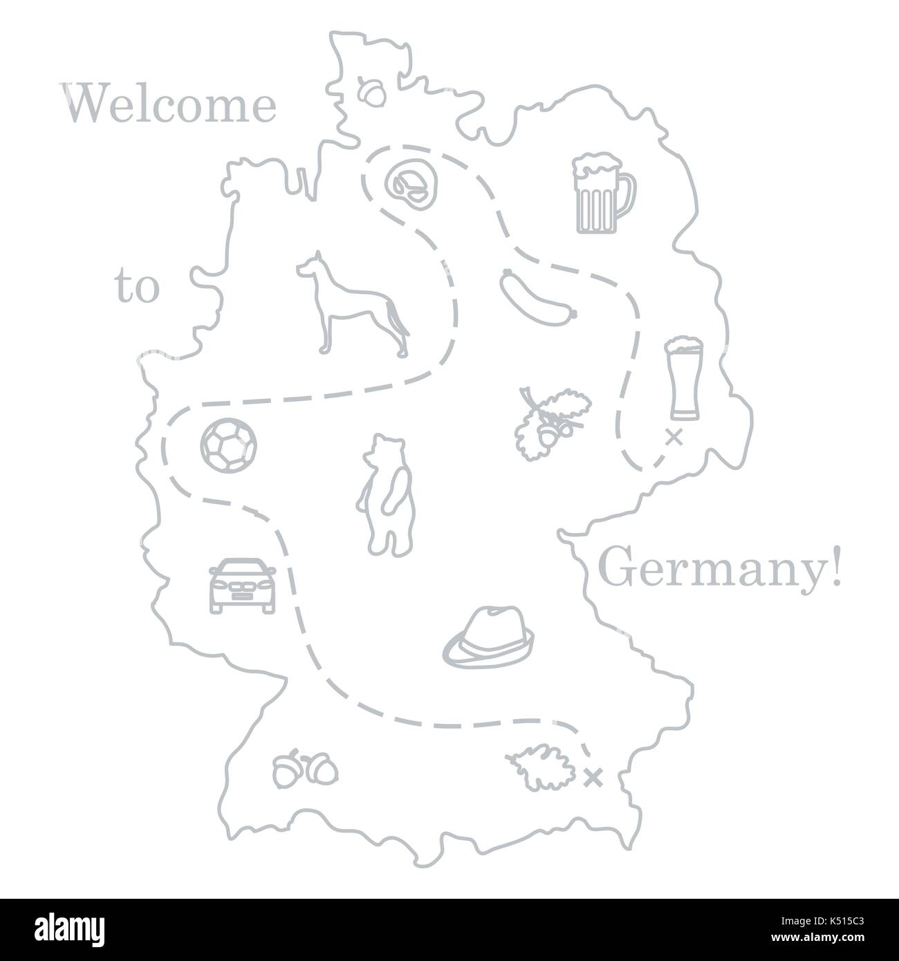 Vector Illustration mit verschiedenen Symbolen in Deutschland. Reisen und Freizeit. Design für Banner, Poster oder Drucken. Stock Vektor
