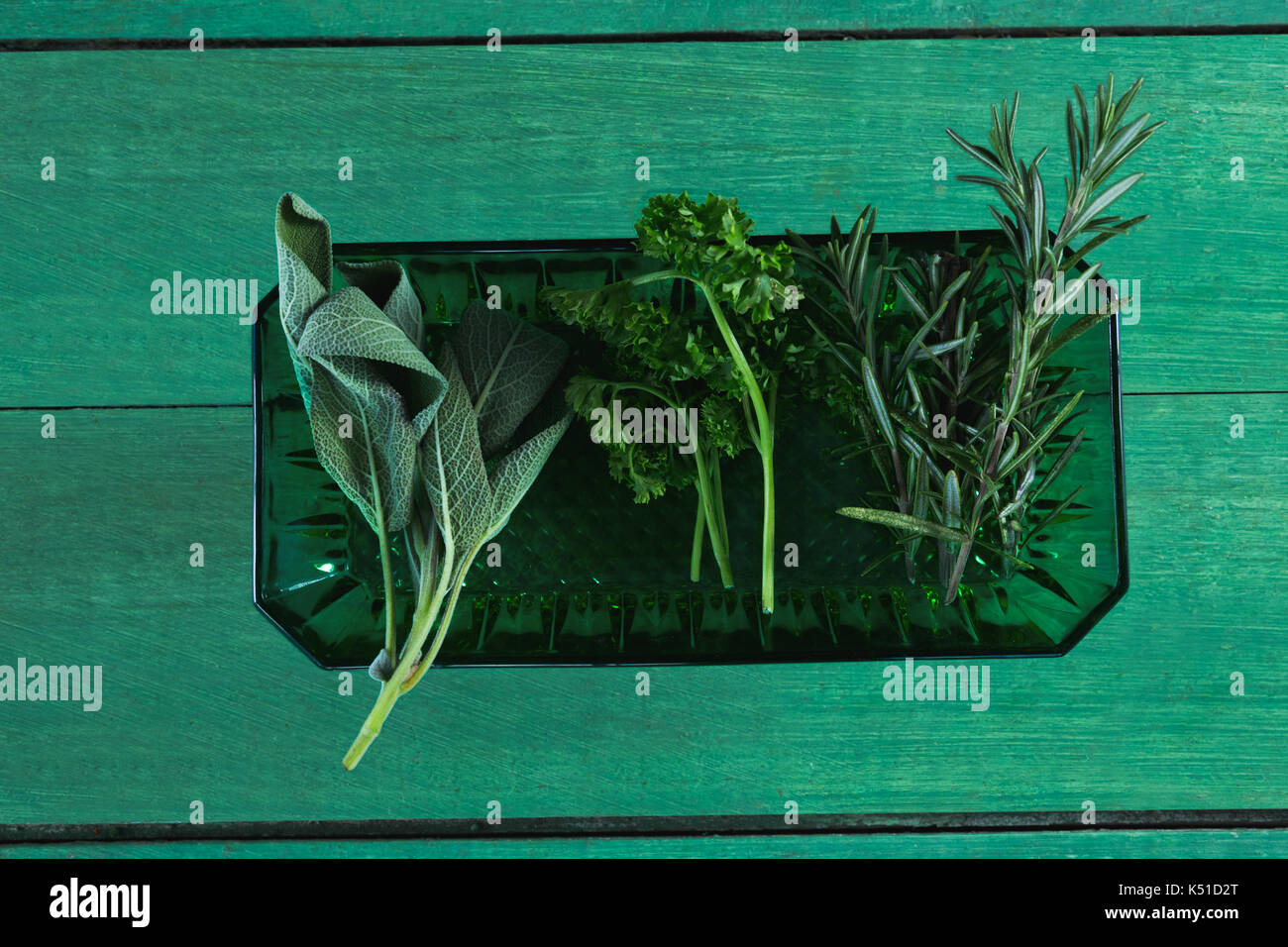 Verschiedene Arten von Kräutern in Kunststoff Fach auf hölzernen Tisch Stockfoto