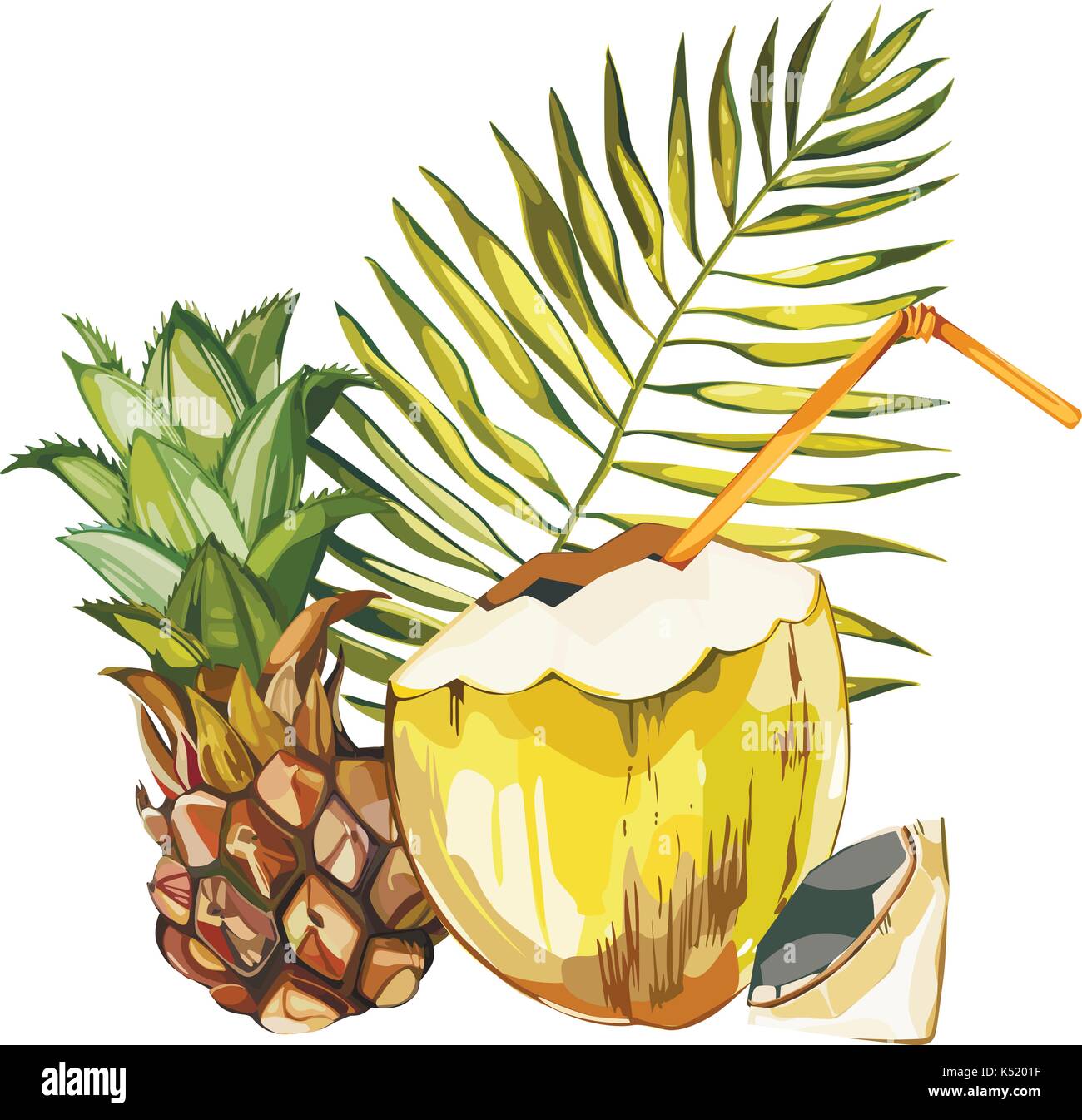 Vektor coconut Hand gezeichnete Skizze mit Ananas. Aquarell Vektor tropischen Essen Abbildung. Auf weissem Hintergrund. Stock Vektor