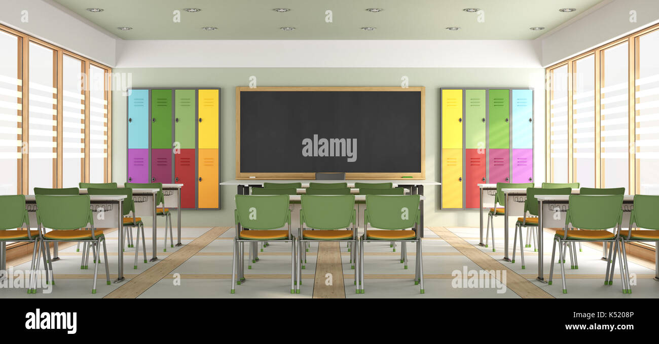 Farbenfrohe, moderne Klassenzimmer ohne Studenten - 3D-Rendering Stockfoto