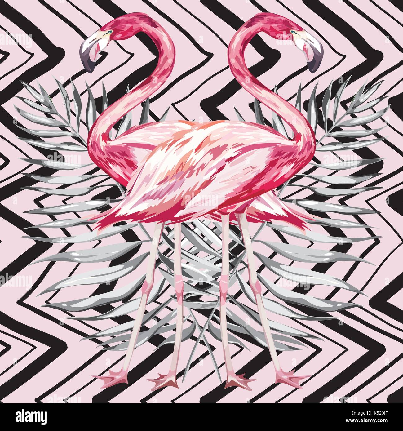 Flamingo und tropischen Blatt aquarell Abbildung. Element für die Gestaltung von Einladungen, Filmplakate, Stoffen und anderen Objekten. Rosa Hintergrund. Vector EPS 10. Stock Vektor