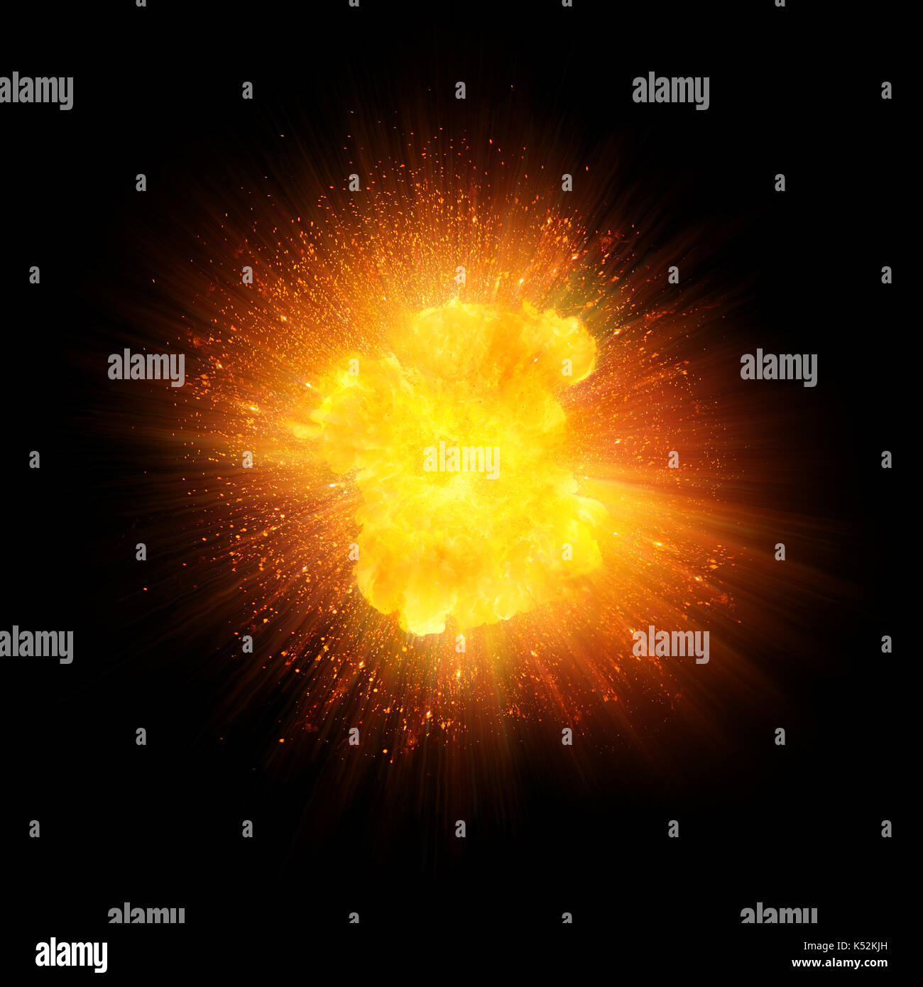 Realistisches Feuer, Explosion, orange Farbe mit auf schwarzem Hintergrund Funken isoliert Stockfoto