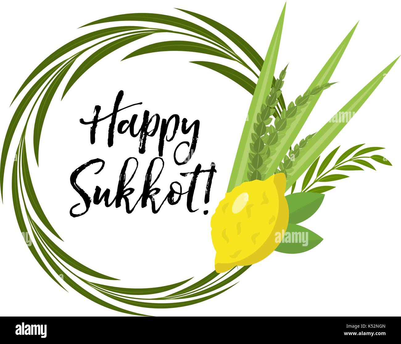 Happy Sukkot runden Rahmen der Kräuter. Jüdische Hütten Vorlage für die Grußkarte mit Etrog, lulav, Arava, Hadas. Auf weissem Hintergrund. Vector Illustration. Stock Vektor