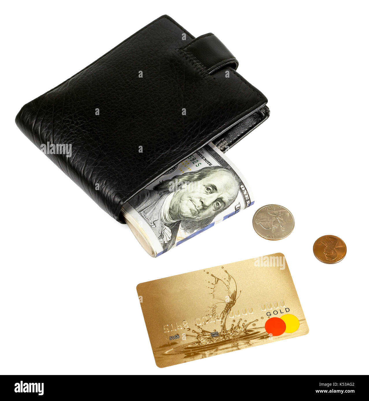 Ein Geldbeutel, Geld, eine Plastikkarte und eine Kleinigkeit Stockfoto