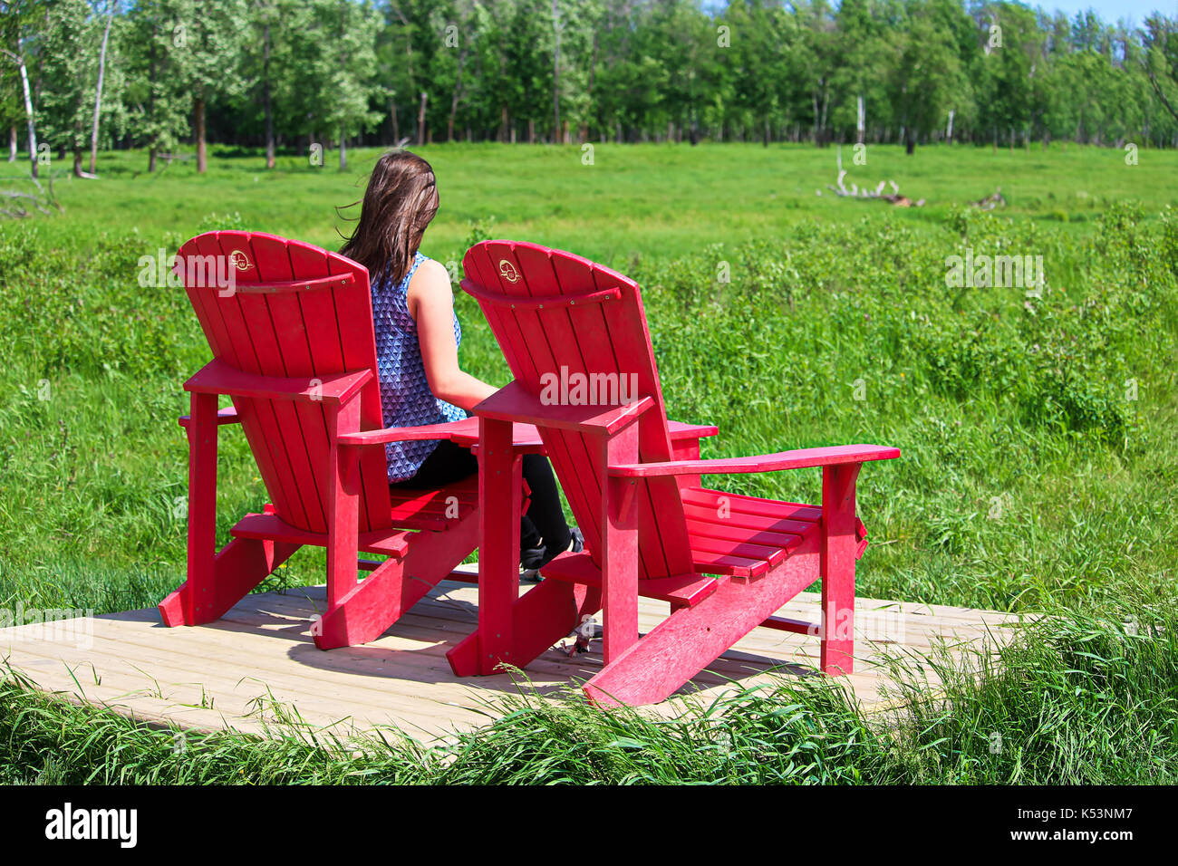 Elk Island National Park, Alberta, Kanada - 24. Juni 2017 - eine junge Frau genießt die Aussicht auf den Bison Loop Road als Teil des Parks Kanada Rot Stockfoto