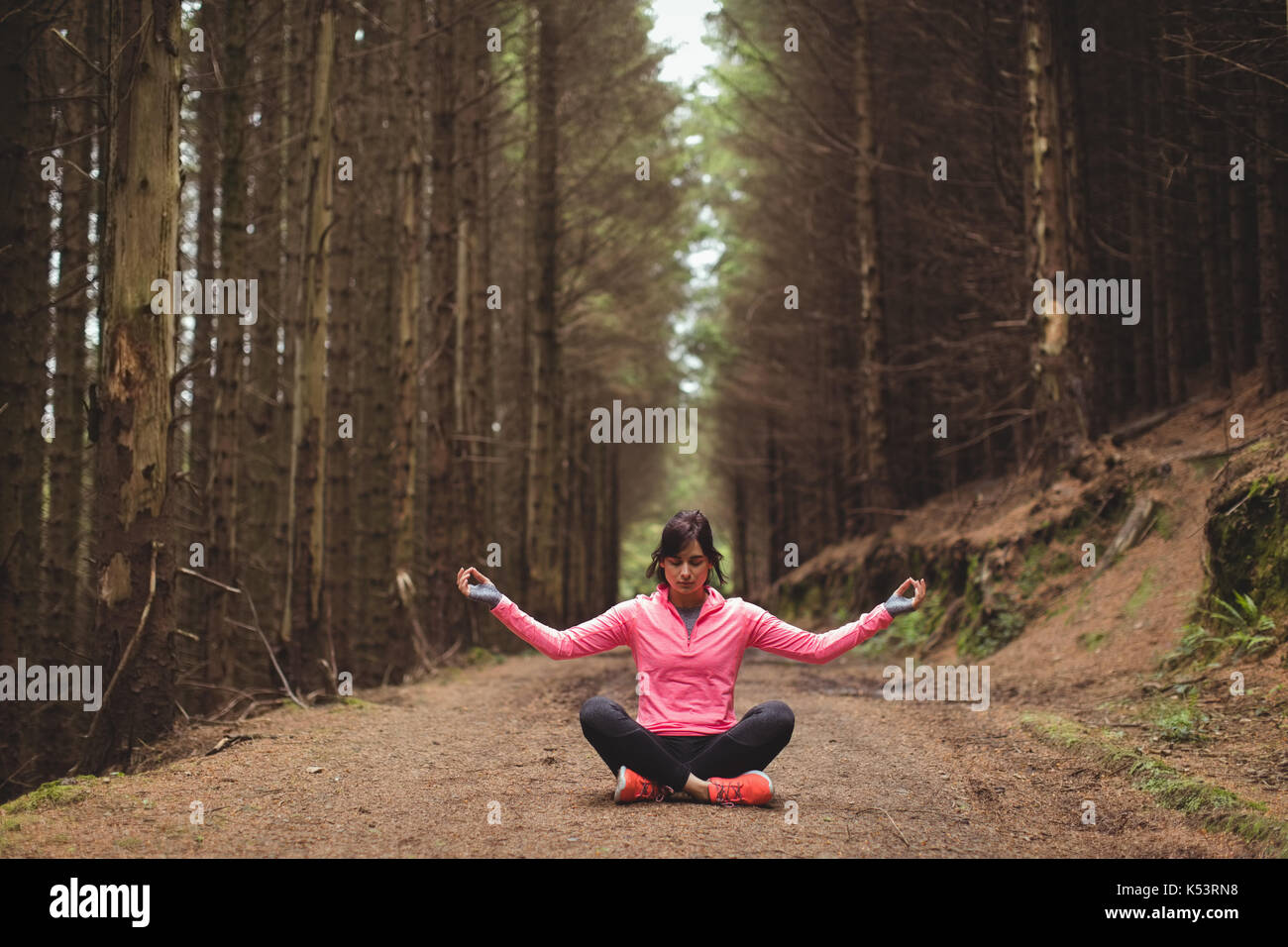 Frau durchführen Yoga im Wald an einem sonnigen Tag Stockfoto