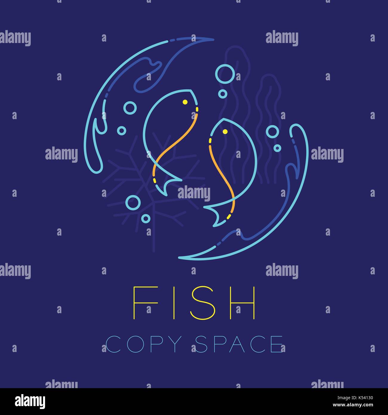 Zwei Fische oder Fische, Spritzwasser, Korallen, Algen und Luftblase logo Symbol Umriss streichen dash Line Design Illustration isoliert auf dunkelblau zurück gesetzt Stock Vektor