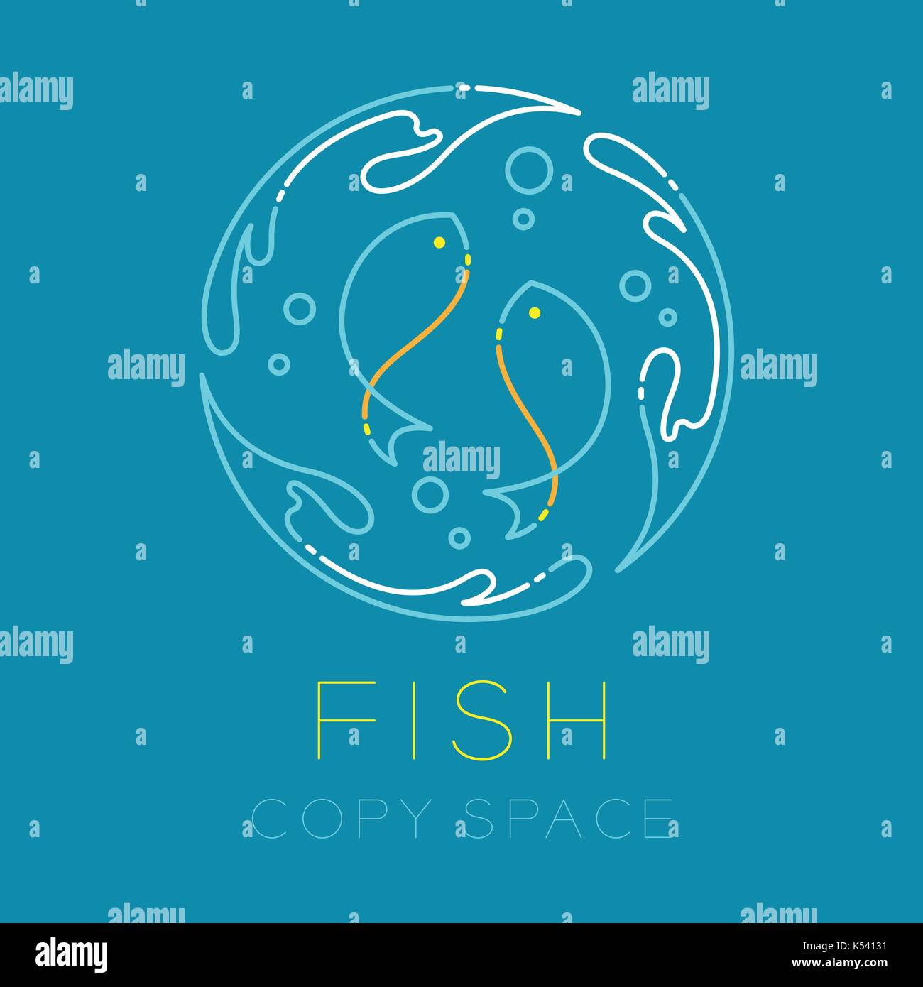 Zwei Fische oder Fische, Wasser Splash Kreis und Luftblase logo Symbol Umrisse Hub set dash Line Design Illustration auf blauem Hintergrund isoliert mit Fis Stock Vektor