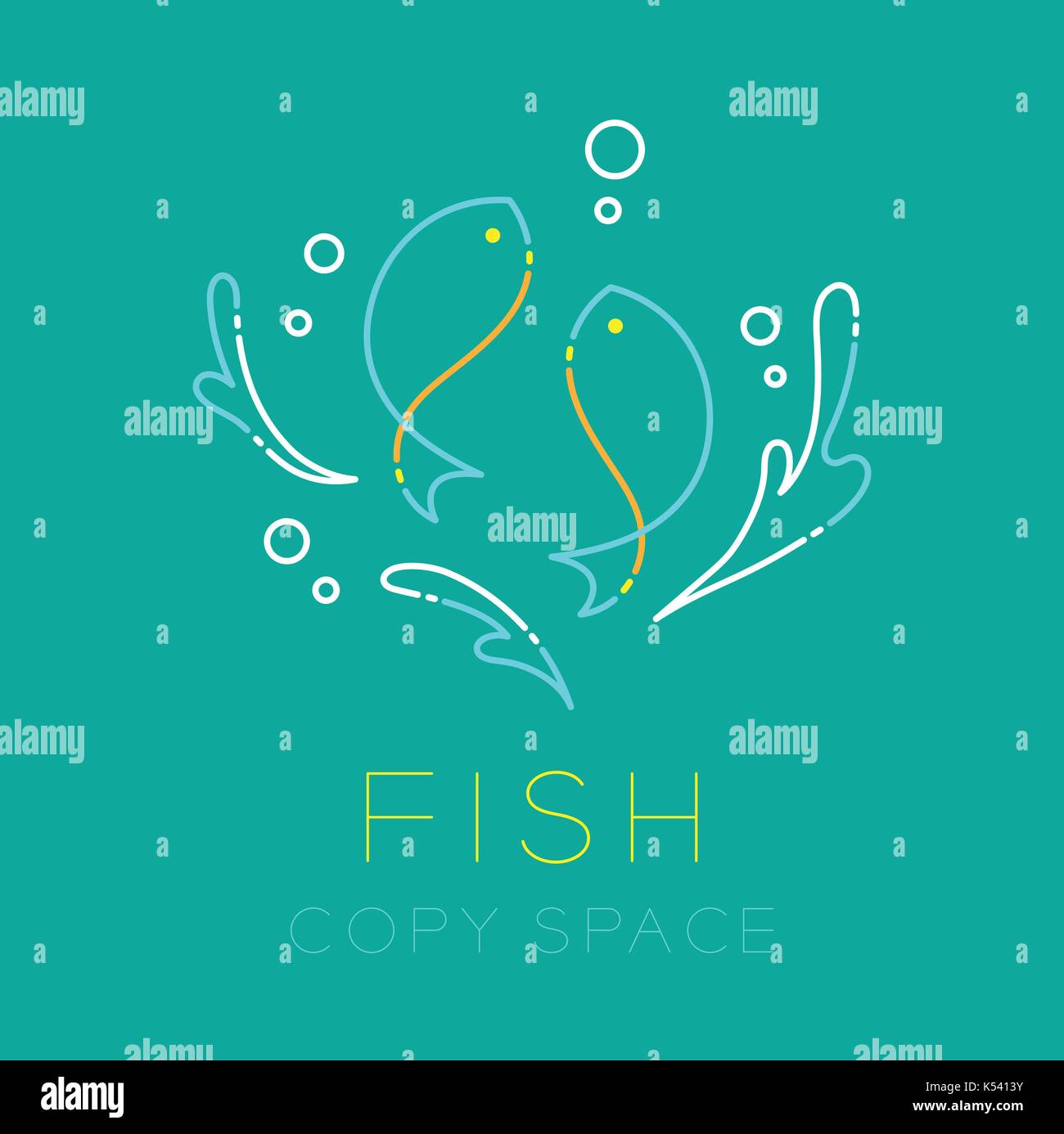 Zwei Fische oder Fische, Spritzwasser und Luftblase logo Symbol Umrisse Hub set dash Line Design Illustration auf Grün Türkis Hintergrund mit Stock Vektor