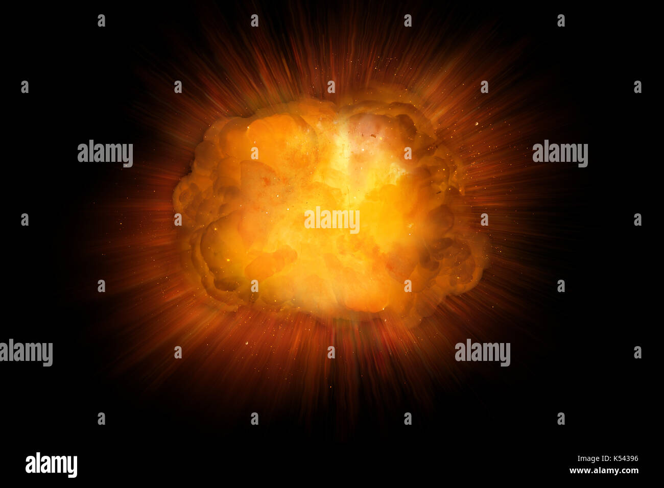 Realistisches Feuer, Explosion, orange Farbe mit auf schwarzem Hintergrund Funken isoliert Stockfoto