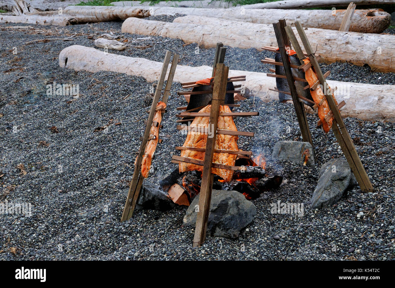 Lachs von einem Wald Feuer am Strand gekocht werden, freundlich Cove, BC Kanada Stockfoto
