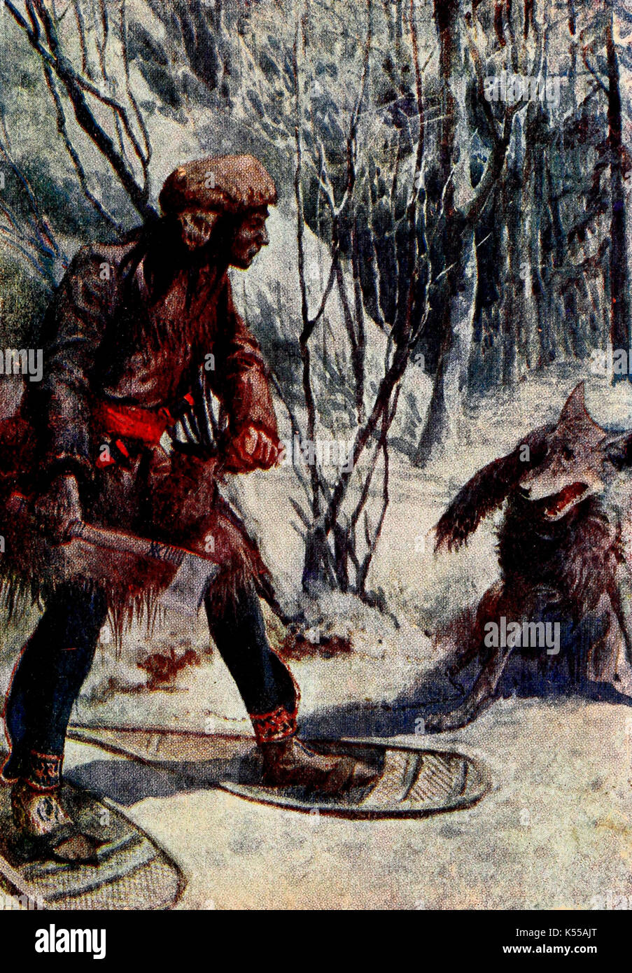 Ein großer Wolf Grenzen in Richtung zu ihm, Landung fast zu seinen Füßen - Pelz Trapper angegriffen wurde, um 1700 Stockfoto