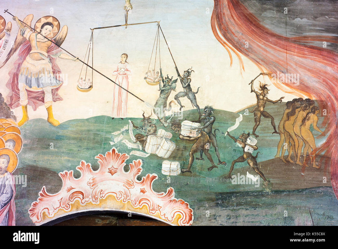 Fresko in Bachkovo Kloster, eines der ältesten Orthodoxen Klöster in Europa, die Gerechtigkeit, die von der Waage. Stockfoto