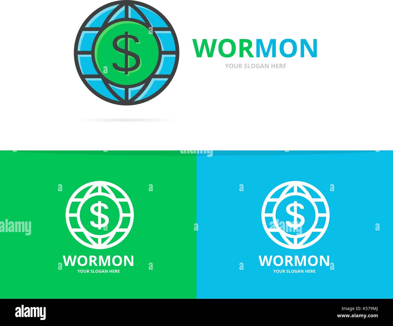 Der Vektor der Welt und Dollar logo Kombination. Einzigartige Globus und Bank Logo Design Template. Stock Vektor