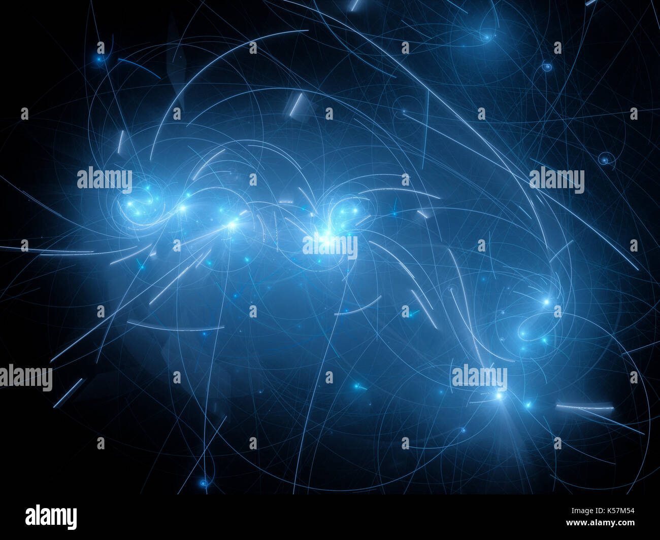 Blau leuchtende Sterne mit Flugbahn Kurven im Raum, Computer-generierte Zusammenfassung Hintergrund, 3D-Rendering Stockfoto