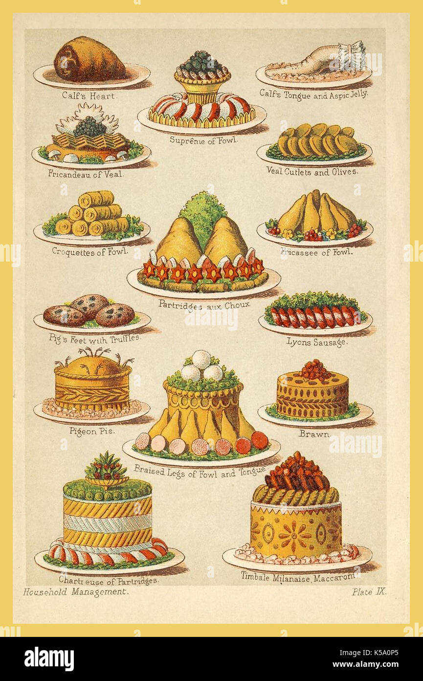 VINTAGE MRS BEETON'S Farblithographie von Mrs Beetons Kochbuch, die Vielzahl der Englischen Weihnachten Viktorianischen unterhaltsam Pasteten Fleisch Gebäck Kroketten 1800s-1900s Stockfoto