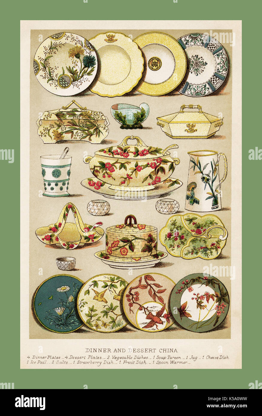 Der 1800er Jahrgang illustration Mrs Beeton's Household Management traditionelles Abendessen und Dessert China Seite Farbe Stockfoto