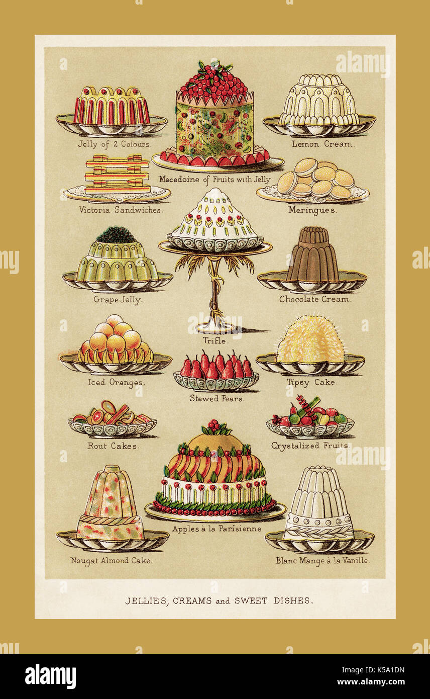 Viktorianische DESSERTS PUDDING GELEES 1800 Mrs Beeton's Gelees Cremes und Süßspeisen Lithographie Seite Illustration, vom Buch der Haushaltsführung 1880 Pudding Desserts Stockfoto