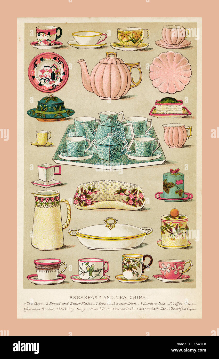 Der 1800er Jahrgang illustration Mrs Beeton's Household Management traditionelles Frühstück und Tee CHINA Seite Farbe Stockfoto