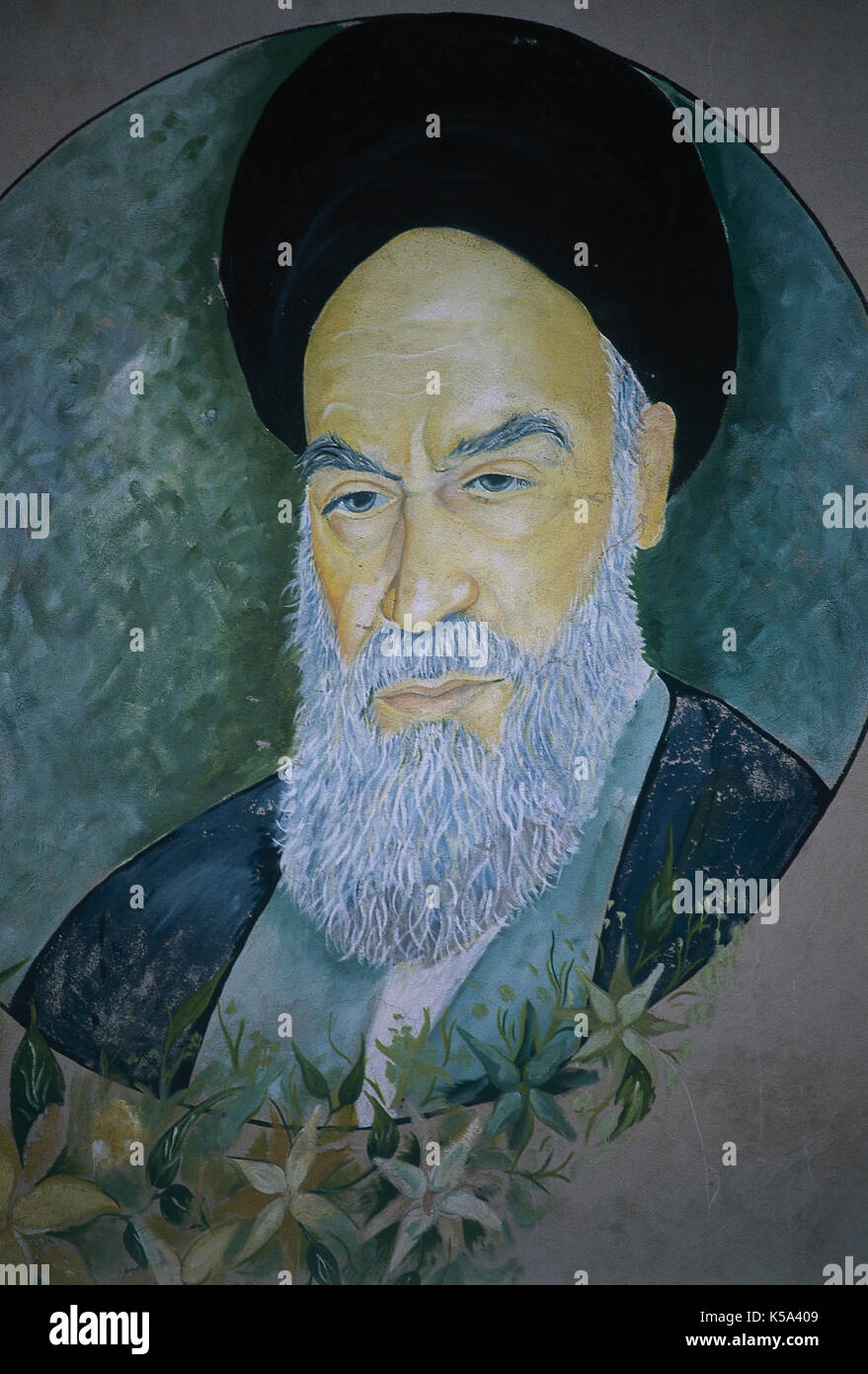 Ruhollah Khomeini (1902-1989). Ayatollah Khomeini war ein iranischer Schiitischen religiösen Führer, Philosoph und Revolutionär. Die Propagandistischen Wandmalereien in der Ortschaft Mahan. Die Islamische Republik Iran. Stockfoto