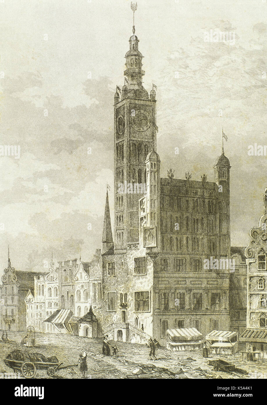 Danzig (Gdansk). Polen. Rathaus der Stadt im 17. Jahrhundert. Gravur, 19. Stockfoto