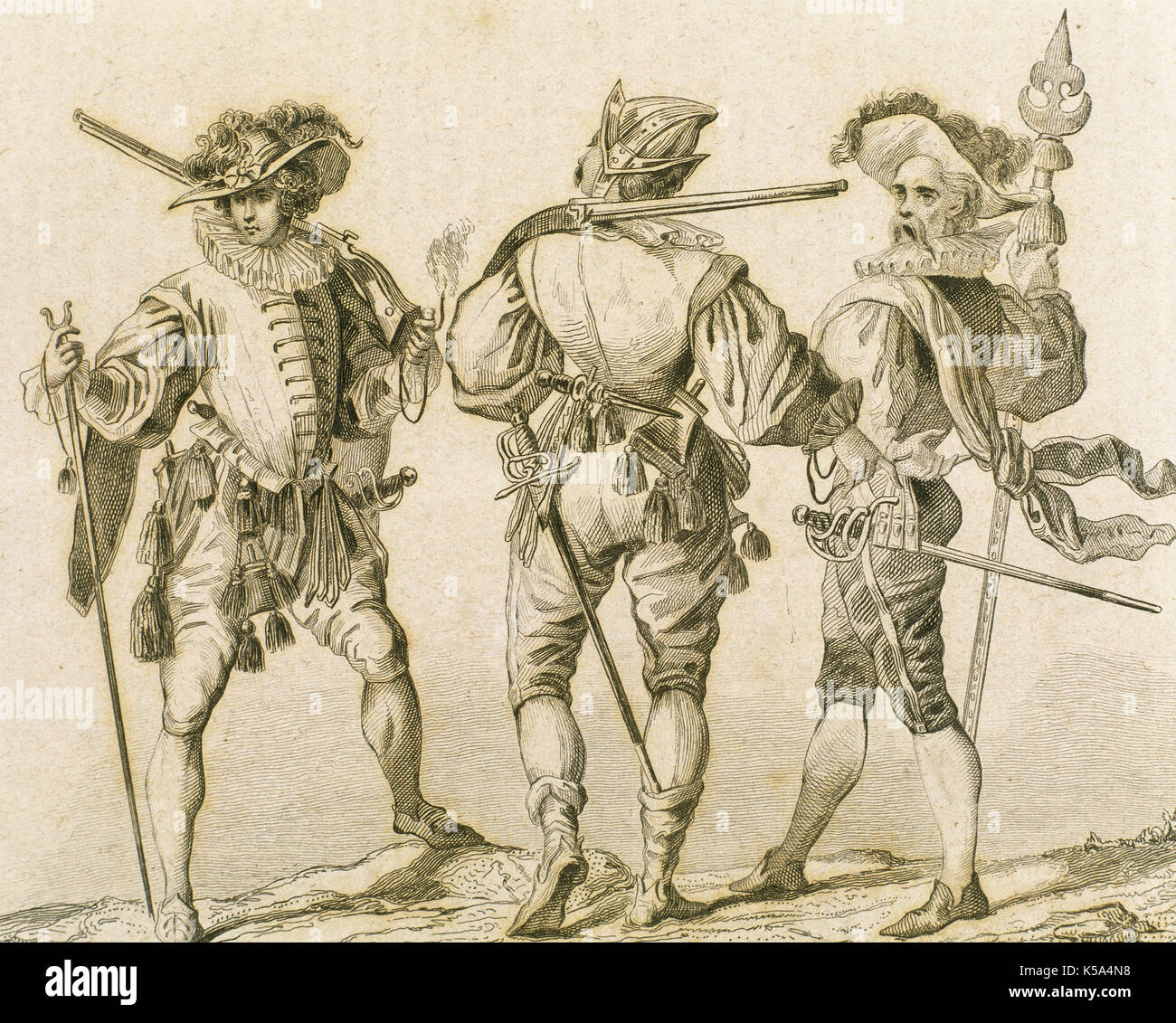 Deutsche Truppen im 17. Jahrhundert. Soldaten. Kupferstich von Monnin, 1841. Panorama Universal-Germany. Stockfoto