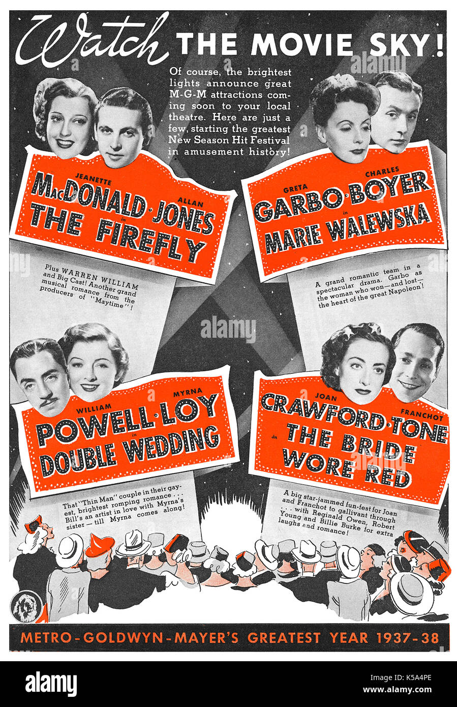 1937 US-Werbung für MGM-Filme der Firefly, Marie Walewska, doppelte Hochzeit und die Braut trug Rot. Stockfoto