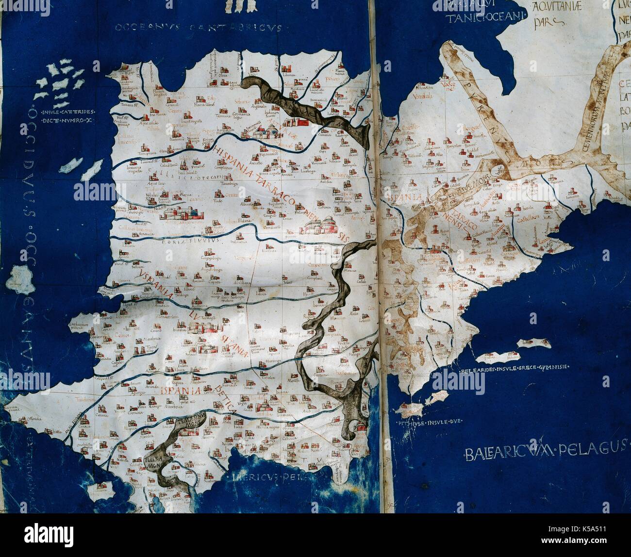 Claudis Ptolomaeus (100-170). Cosmographia, Karte Der Hispanias. Manuskript von 1456. 15. Jahrhundert. Bibliothek der Universität von Salamanca. Kastilien und Lion, Spanien. Stockfoto