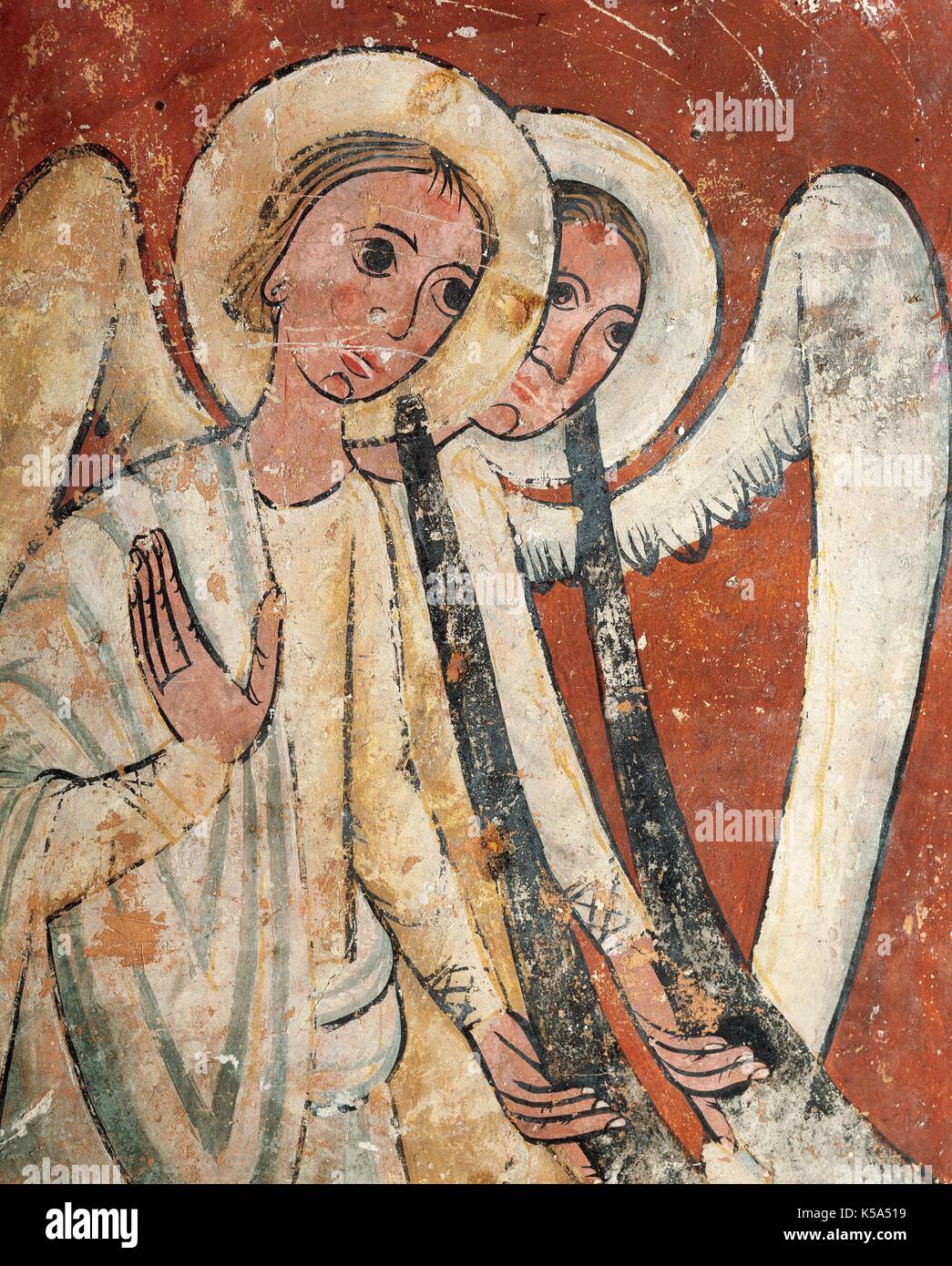 Romanik. Jahrhundert XIII. Engel mit großen Trompeten während das endgültige Urteil. Wandmalerei, Detail aus ein Denkmal in der Kirche von Sant Pau de Casserres (Provinz Barcelona). Katalonien, Spanien. Stockfoto