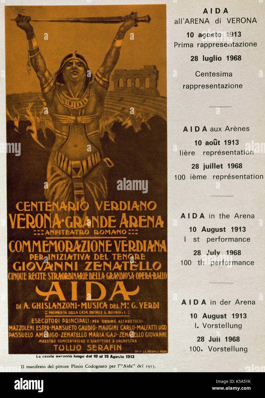 Giuseppe Verdi (1813-1901). Italienischer Komponist. Opera Plakat der Aida. Im Jahr 1913 herausgegeben und 1968 reproduziert der hundertsten Vertretung in das römische Amphitheater zu gedenken in Verona (Italien) am 28. Juli 1968. Stockfoto