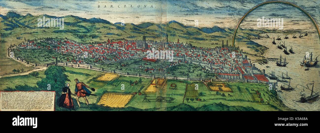 Stadt von Barcelona (1567). Katalonien, Spanien. Abbildung aus Civitates Orbis Terrarum, durch G. Braum und F. Hogenberg. Universität von Salamanca (Kastilien und Leon, Spanien). Stockfoto