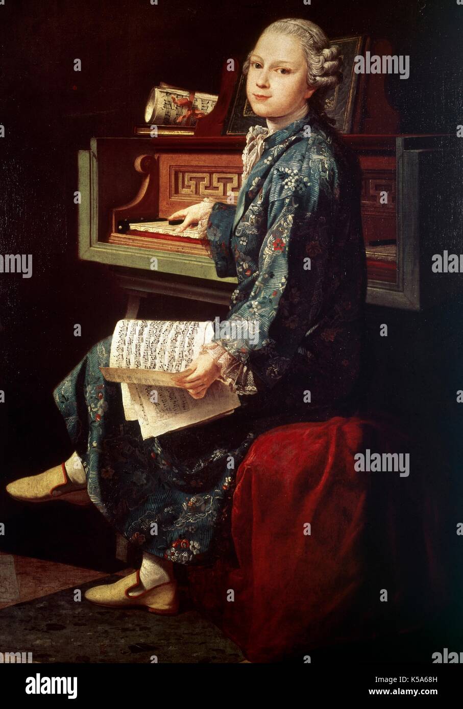 Wolfgang Amadeus Mozart (Salzburg, 1756-1791). Österreichischen Komponisten. Mozart auf dem Clavichord. Französische Schule, 1767. Gemälde von Joseph-Siffred Duplessis (1725-1802). Museum des Louvre, Paris, Frankreich. Stockfoto