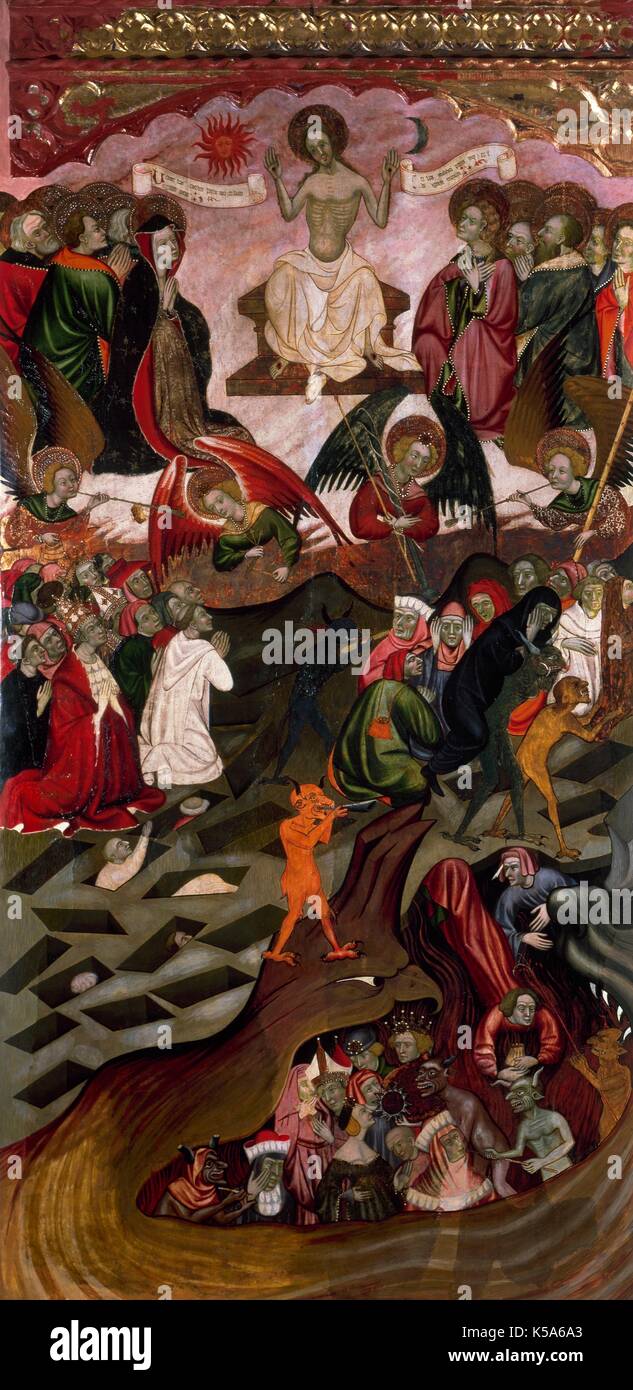Gotik. Ramon Mur, spanischer Maler zwischen 1412 und 1435 dokumentiert. Endgültige Urteil. Tempel auf Holz. Tabelle aus der alterpiece der Kirche von Sant Sebastia de Guimera (Provinz Lleida, Katalonien, Spanien). Bischöfliche Museum von Vic (Provinz Barcelona, Katalonien, Spanien). Stockfoto