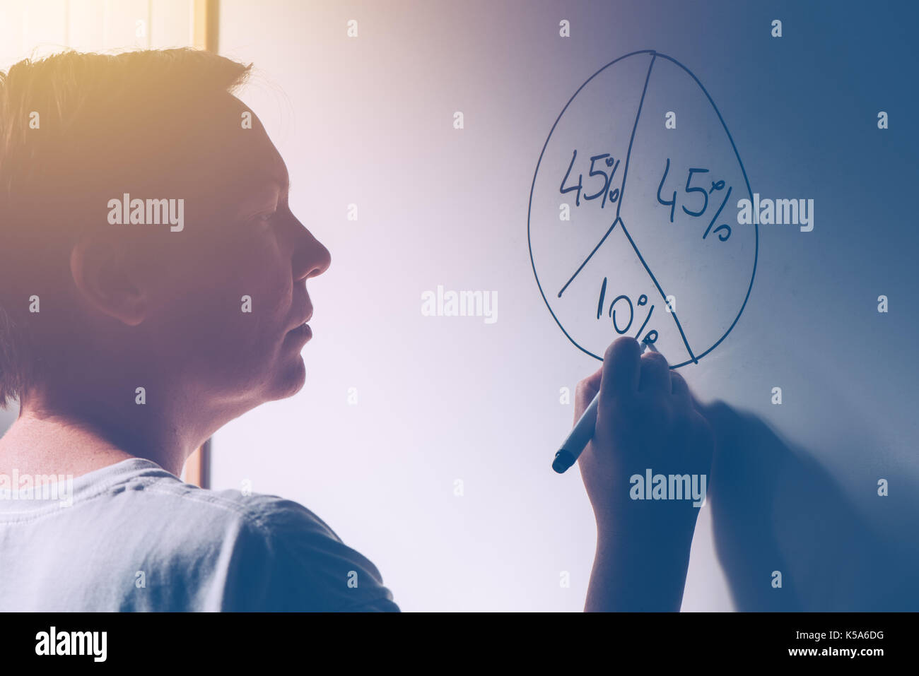 Geschäftsfrau Büro Whiteboard Kreisdiagramm schöpfend, während Business-Ergebnisse-Analyse und Präsentation, selektiven Fokus Stockfoto