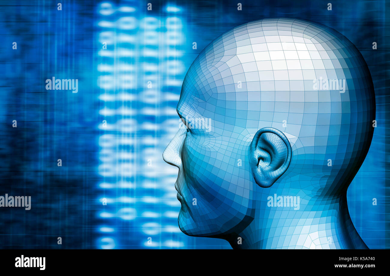 Humanoiden Kopf und technischen Hintergrund, künstliche Intelligenz Konzept Stockfoto