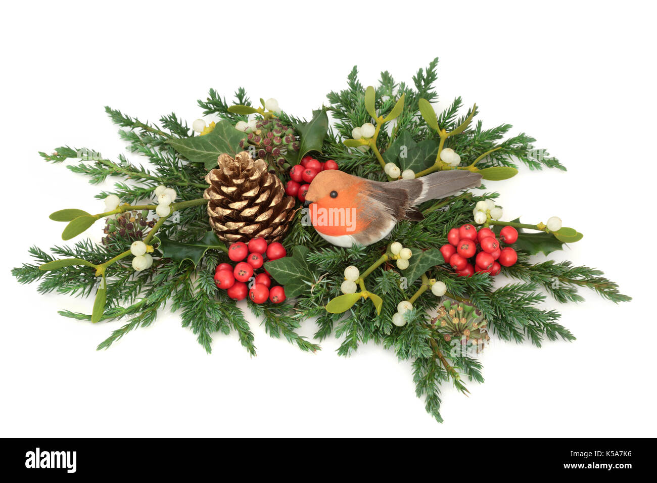 Weihnachten Anzeige mit Robin Dekoration, Holly, Pine Cone, Mistel, zeder Zypresse und Juniper blatt Zweige und Efeu auf weißem Hintergrund. Stockfoto