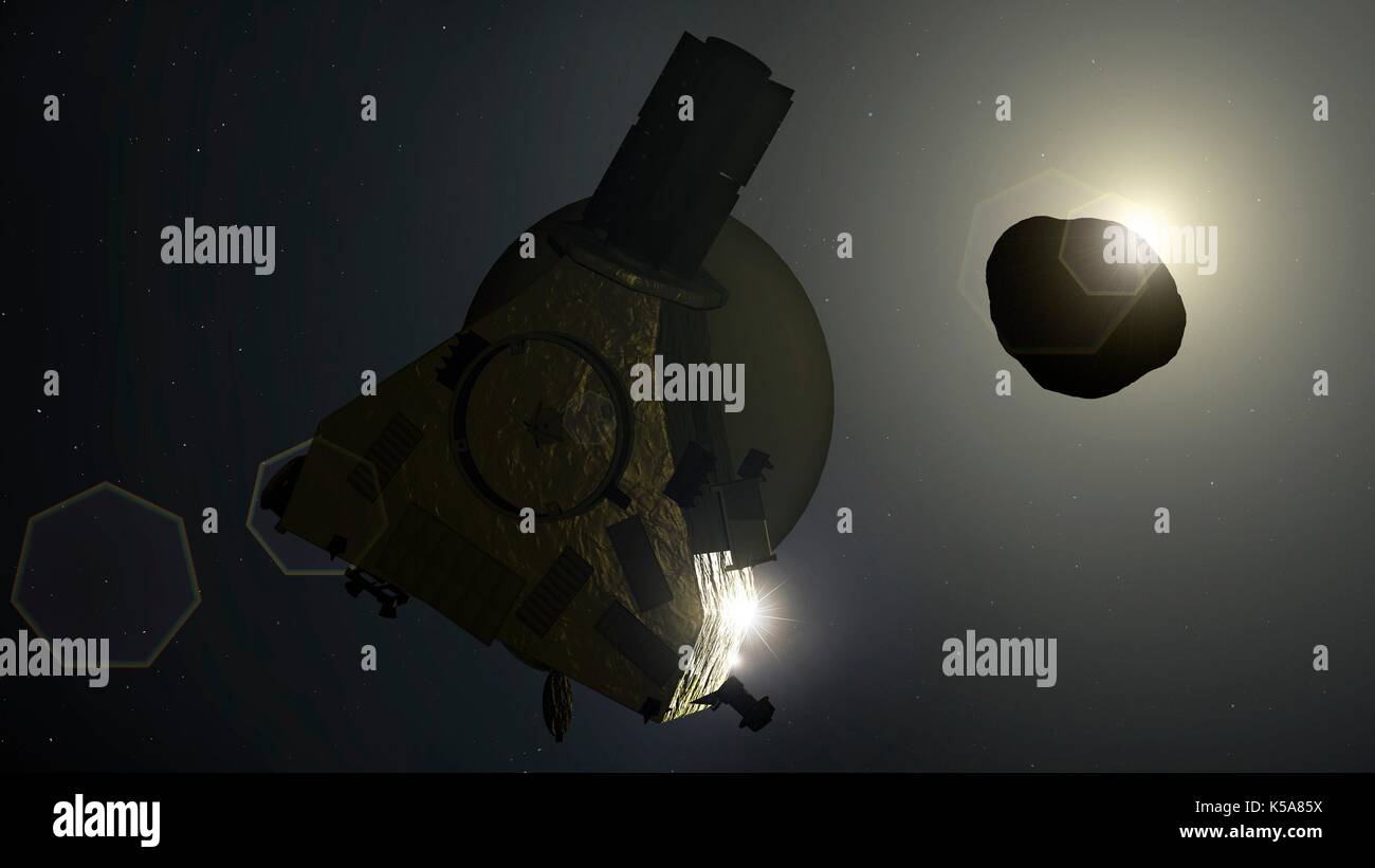 Neue Horizonte der Sonde vorbei 2014 MU 69, Kunstwerke. Im Jahr 2015 wird die NASA-Sonde "New Horizons" zu Pluto nach einer Dekade - langen Flug. Aber seine Mission war nicht vorbei. Am 28. August 2015, wählten die Kuiper-Belt Objekt 2014 MU 69 als die nächsten Vorbeiflug Ziel. Nach vier Kurskorrekturen, die Sonde ist fällig am 1. Januar 2019 zu kommen. Es ist die erste Begegnung eines robotic Sonde mit einem klassischen Kuiper-Belt Objekt. Das Objekt 2014 MU69 ist viel kleiner als Pluto. Eine unregelmäßig geformte Welt nur 45 km über, er umkreist die Sonne einmal in 295 Jahren. Stockfoto