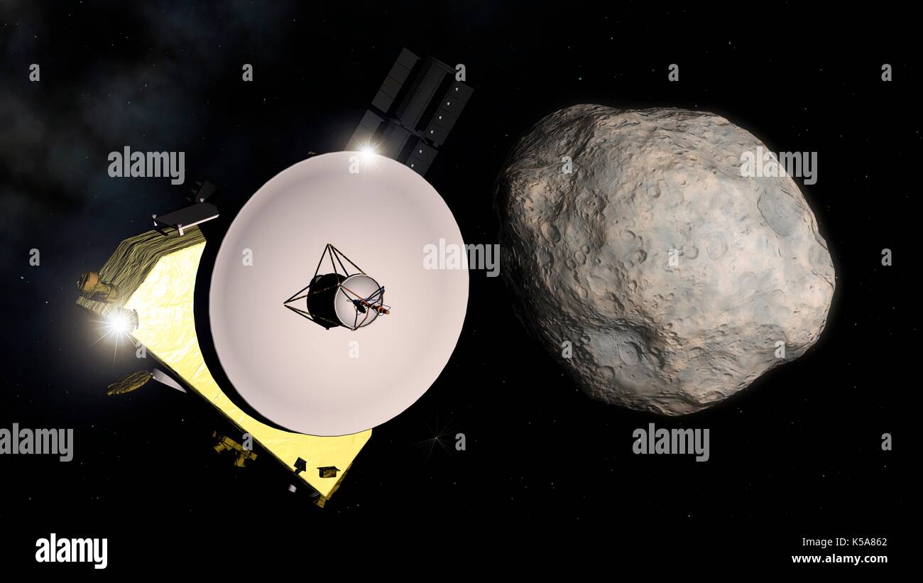Neue Horizonte der Sonde vorbei 2014 MU 69, Kunstwerke. Im Jahr 2015 wird die NASA-Sonde "New Horizons" zu Pluto nach einer Dekade - langen Flug. Aber seine Mission war nicht vorbei. Am 28. August 28 2015, wählten die Kuiper-Belt Objekt 2014 MU 69 als die nächsten Vorbeiflug Ziel. Nach vier Kurskorrekturen, die Sonde ist fällig am 1. Januar 2019 zu kommen. Es ist die erste Begegnung eines robotic Sonde mit einem klassischen Kuiper-Belt Objekt. Das Objekt 2014 MU69 ist viel kleiner als Pluto. Eine unregelmäßig geformte Welt nur 45 km über, er umkreist die Sonne einmal in 295 Jahren. Stockfoto