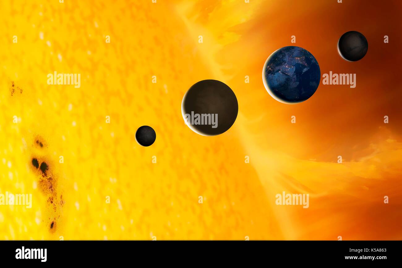 Schematische Darstellung zeigt die Oberfläche der Sonne und die terrestrischen Planeten in der gleichen Größenordnung. Die Oberfläche der Sonne, oder photosphäre, ist nicht glatt, sondern hat einen Granulierten aussehen - die Körner, die die Grenzen der steigenden Zellen von Gas, Wärme, die an die Oberfläche durch Konvektion. Sonnenflecken sind auch ein wichtiges Merkmal der Photosphäre - Sie können so groß wie die Erde. Von links nach rechts in der Reihenfolge der zunehmenden Entfernung von der Sonne, sind die inneren Planeten Merkur, Venus, Erde und Mars. Stockfoto