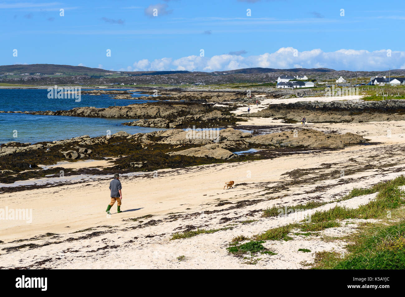 Mann, Hund am Strand von Mannin Bay in der Nähe von Ballyconneely in Connemara, County Galway, Republik von Irland Stockfoto