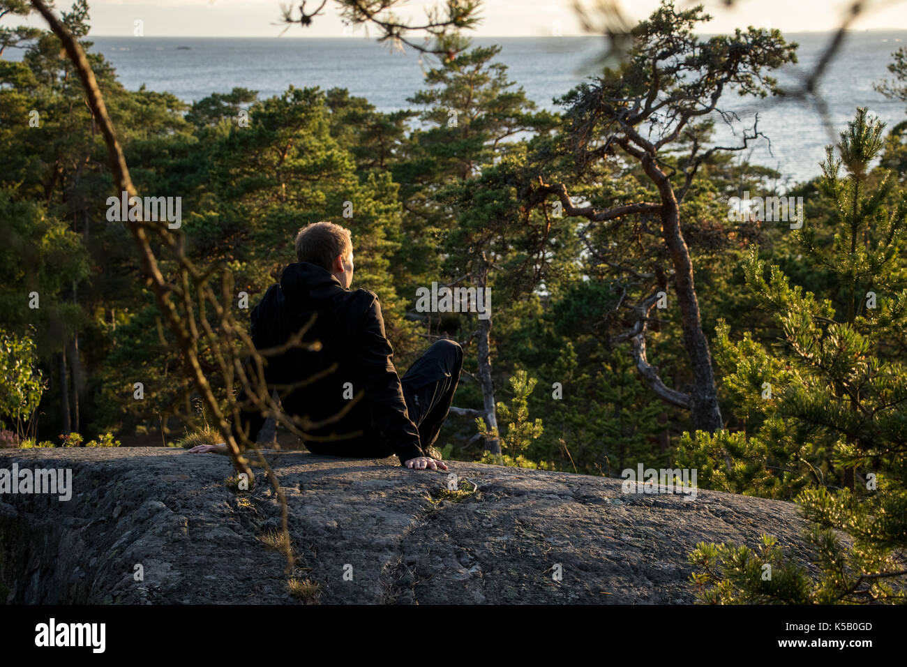 Mann im Wald wandern Stockfoto