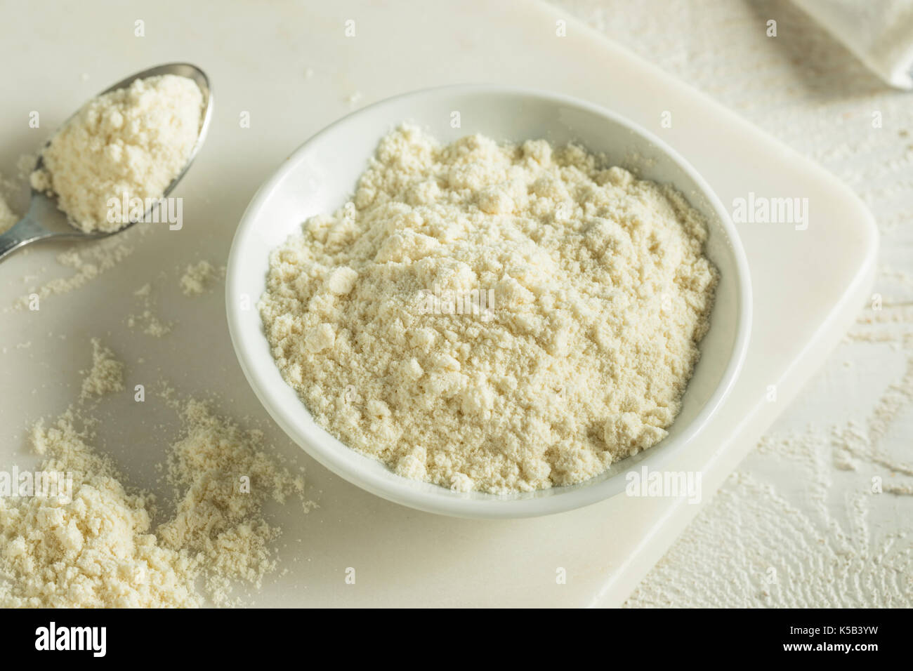 Organische Weiße Vanille Protein Pulver in eine Schüssel geben. Stockfoto