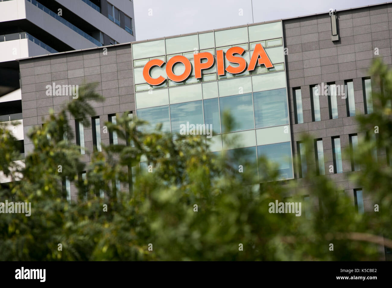 Ein logo Zeichen außerhalb des Hauptsitzes der Grupo Copisa in Barcelona, Spanien am 30. August 2017. Stockfoto