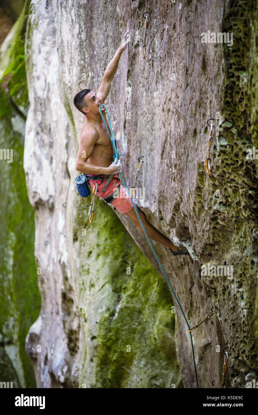 Kletterer Halteseil mit Zähnen vor der Klammer an natürlichen Felsen Stockfoto