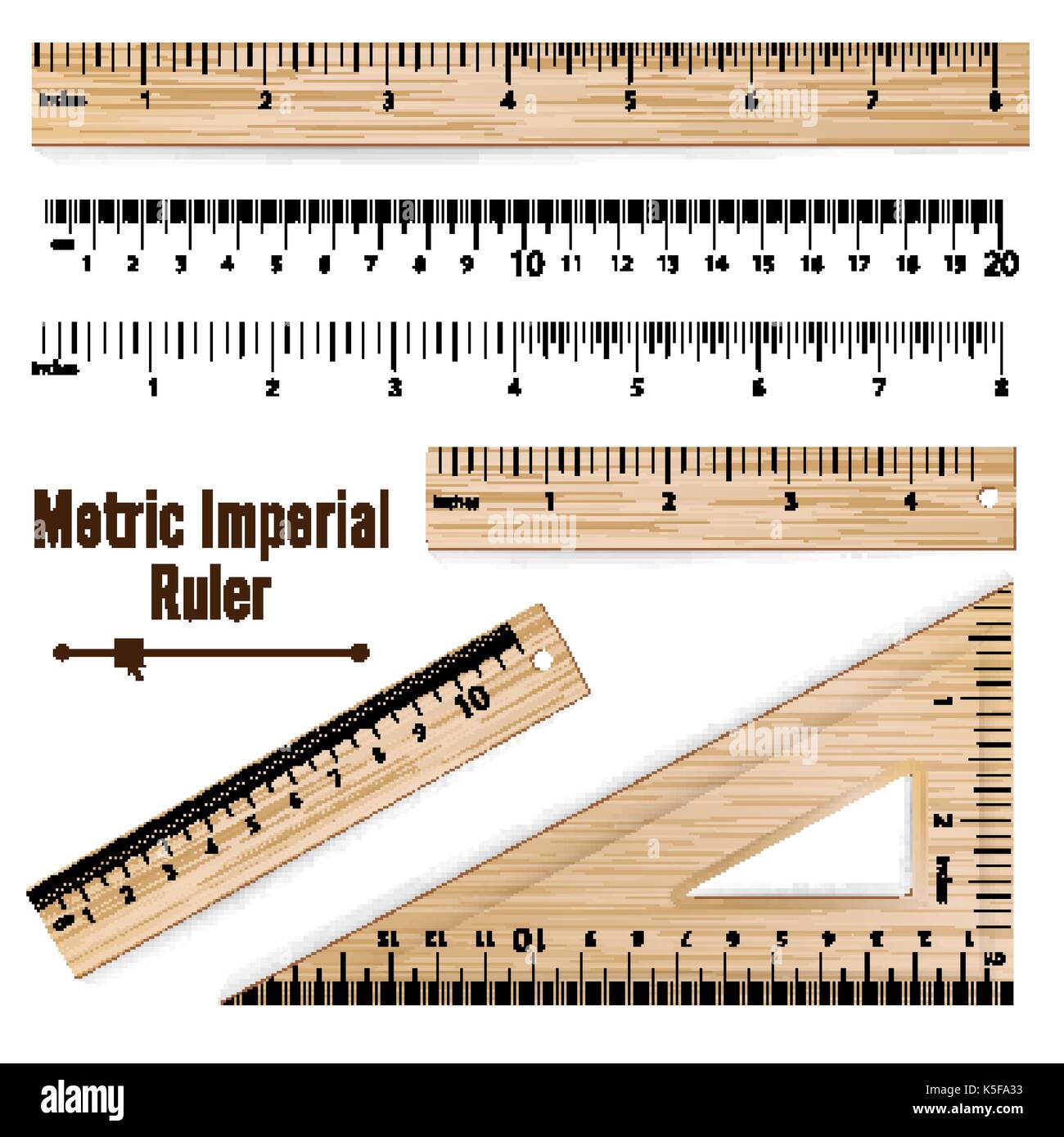 Holz- Metric Imperial Herrscher Vektor. Zentimeter und Zoll. Tools für Messung Ausrüstung Abbildung isoliert auf weißem Hintergrund. Stock Vektor