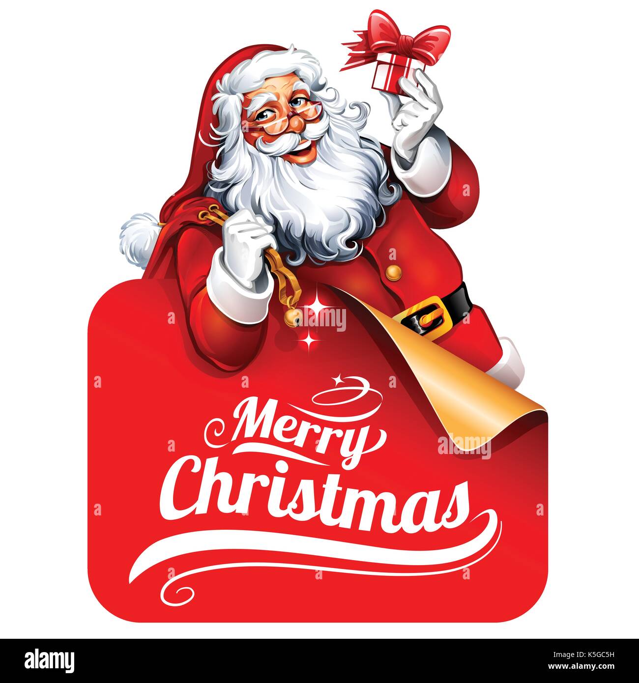 Vector vintage Weihnachten Grußkarten mit cartoon Santa Claus hält ein hinter einem Namensschild. Retro Abbildung mit typografische Gestaltung eleme Stock Vektor