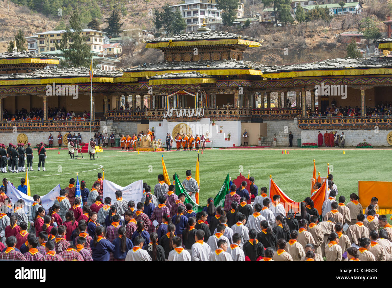 Des Königs Geburtstag Feier am Changlimithang Stadion in Thimpu, Bhutan Stockfoto