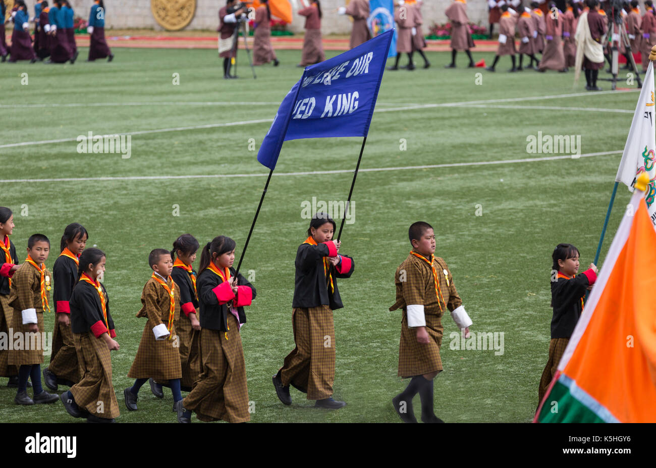 Des Königs Geburtstag Feier am Changlimithang Stadion in Thimpu, Bhutan Stockfoto