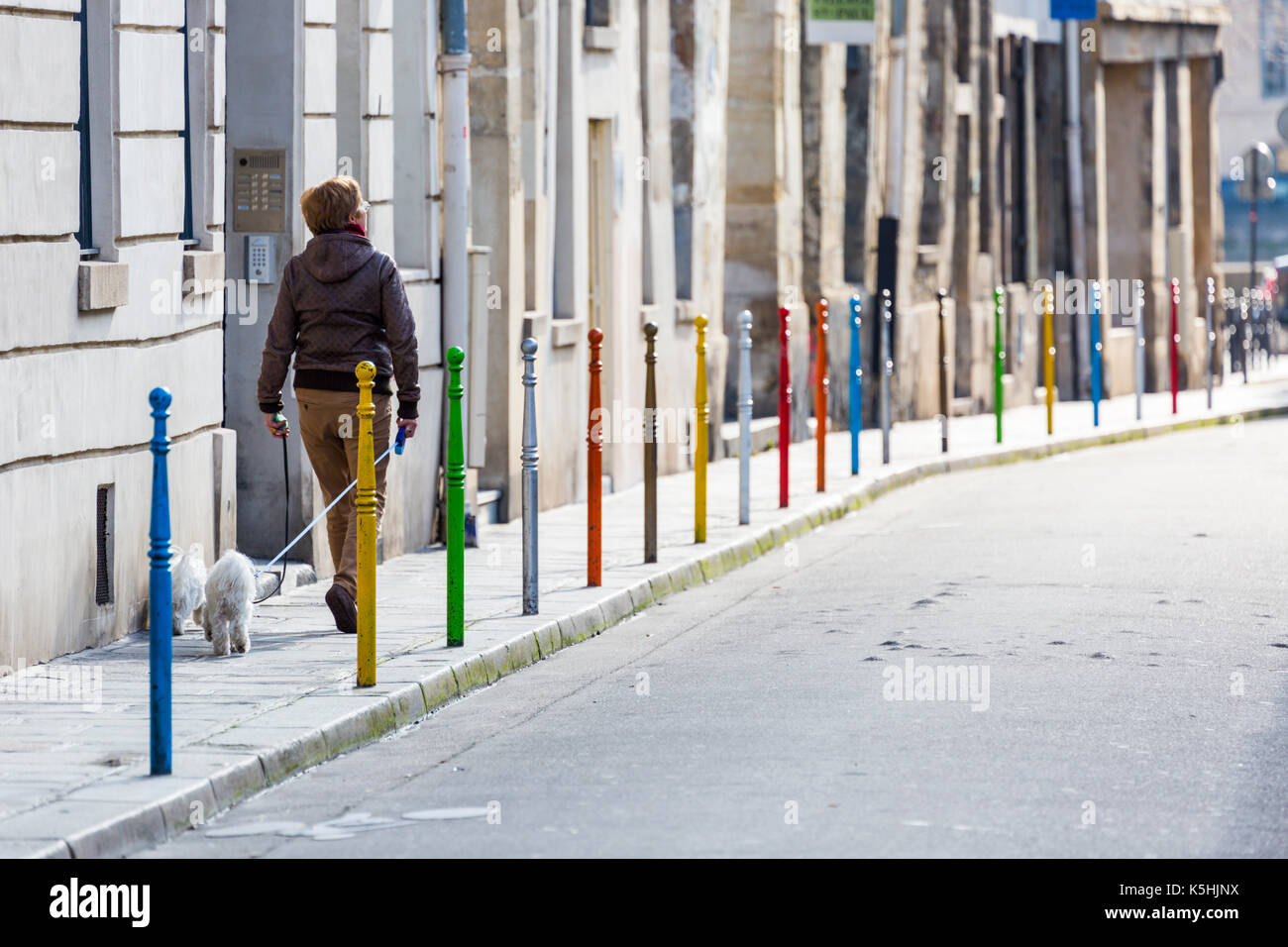 Frau gehen zwei weiße Hunde Vergangenheit bunte Poller in der Rue des Jardins Saint-Paul im Dorf Saint-Paul in Paris, Frankreich Stockfoto